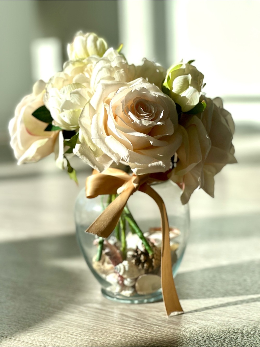 Elegant Cream Rose Bouquet in Glass Vase with Gold Ribbon - Home Accents